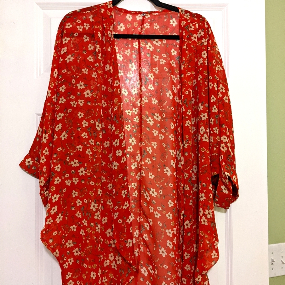 SOLD red Kimono Loose Sheer Shawl - Medium